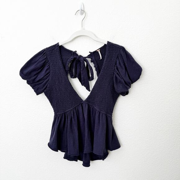 [Free People] Blue Charlotte V-Neck Smocked Open Back Top Puff Sleeves Sz Small - Picture 3 of 11